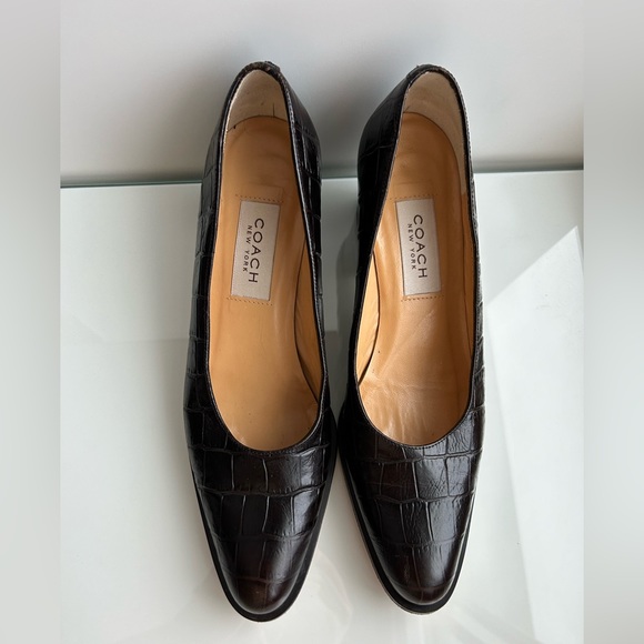 Vintage Coach Dark Brown Croc Embossed Leather Chunky Heel Pumps - Picture 5 of 12